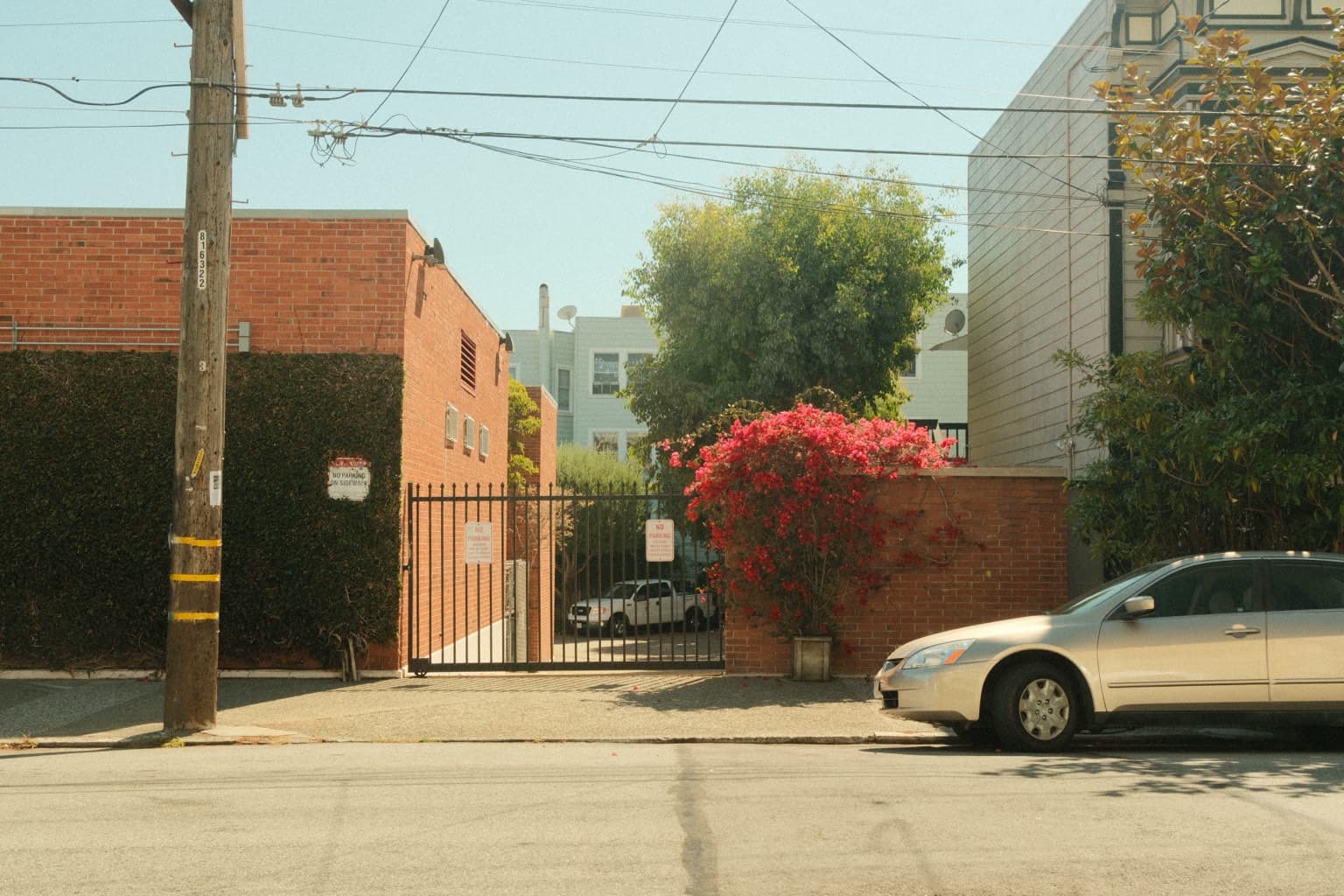 An urban alley with brick buildings, a parked car, overhead wires, and red flowers spilling over a low brick wall.